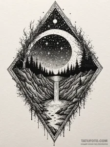 Underground well beneath starlit sky, ink ill... - эскиз тату (№1751516675_0, 03.07.2025 04:24) — Tatufoto.com