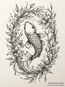 Koi swimming through thorned branches, tattoo... - эскиз тату (№1751518378_0, 03.07.2025 04:52) — Tatufoto.com