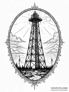Oil derrick, skeletal and stark, against a se... - эскиз тату (№1751520417_0, 03.07.2025 05:26) — Tatufoto.com