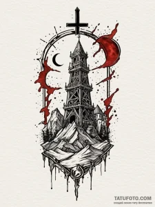 Broken tower under blood eclipse, tattoo flas... - эскиз тату (№1751522180_0, 03.07.2025 05:56) — Tatufoto.com