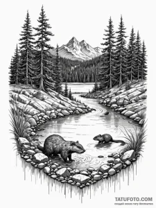 A watchful beaver building a dam, nature scen... - эскиз тату (№1751523126_0, 03.07.2025 06:12) — Tatufoto.com
