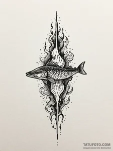 Pike head beneath burning sky, tattoo sketch... - эскиз тату (№1751524131_0, 03.07.2025 06:28) — Tatufoto.com