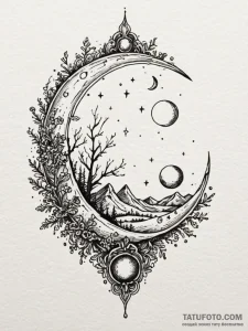 Lichen-covered blade beneath moon, tattoo lin... - эскиз тату (№1751527359_0, 03.07.2025 07:22) — Tatufoto.com