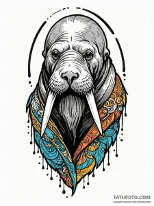Walrus with tusks of carved scrimshaw, ink il... - эскиз тату (№1751529210_0, 03.07.2025 07:53) — Tatufoto.com