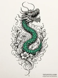 Emerald serpent within burning bloom, tattoo... - эскиз тату (№1751529416_0, 03.07.2025 07:56) — Tatufoto.com