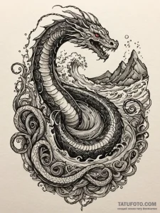 Raging sea serpent coiling through wreckage,... - эскиз тату (№1751531116_0, 03.07.2025 08:25) — Tatufoto.com