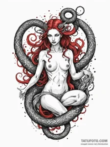 Lilith with a serpent coiled around her, ink... - эскиз тату (№1751531245_0, 03.07.2025 08:27) — Tatufoto.com