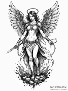 Angel warrior standing over battlefield, ink... - эскиз тату (№1751531994_0, 03.07.2025 08:39) — Tatufoto.com