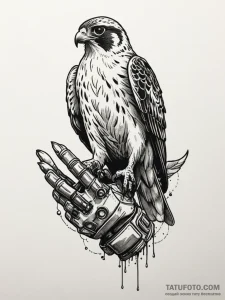 Falcon with metallic feathers, perched on a c... - эскиз тату (№1751532617_0, 03.07.2025 08:50) — Tatufoto.com
