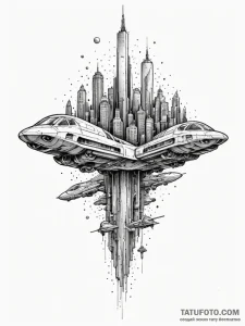 Dystopian city skyline with flying vehicles,... - эскиз тату (№1751536485_0, 03.07.2025 09:54) — Tatufoto.com