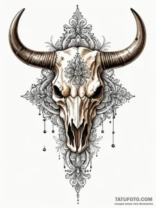 Bull skull, tattoo sketch design, sepia tone... - эскиз тату (№1751537392_0, 03.07.2025 10:09) — Tatufoto.com