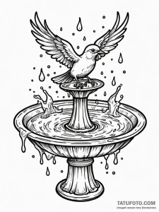 A whimsical bird in a birdbath splashing, ref... - эскиз тату (№1751538248_0, 03.07.2025 10:24) — Tatufoto.com