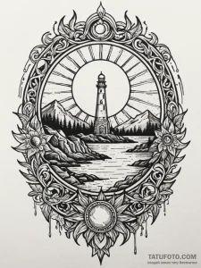 Opal sun rising behind ruins, concept art for... - эскиз тату (№1751539014_0, 03.07.2025 10:36) — Tatufoto.com