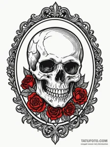 Skull in mirror, tattoo line art, black and r... - эскиз тату (№1751539082_0, 03.07.2025 10:38) — Tatufoto.com