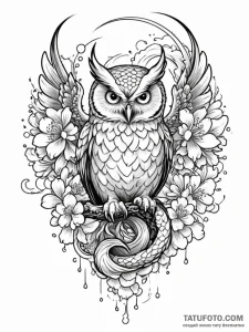 Angel owl with gemstone eyes, ink illustratio... - эскиз тату (№1751539348_0, 03.07.2025 10:42) — Tatufoto.com