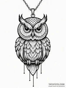 Owl pendant hanging from chain, tattoo flash... - эскиз тату (№1751539947_0, 03.07.2025 10:52) — Tatufoto.com