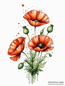 Poppy flower or poppies, three flowers - акварель, цветная яркая - эскиз тату (№1751542870_0, 03.07.2025 11:41) — Tatufoto.com