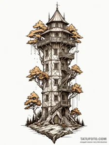 Ethereal roots climbing tower, tattoo line ar... - эскиз тату (№1751543124_0, 03.07.2025 11:45) — Tatufoto.com