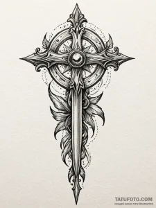 Feathered dagger piercing celestial gate, tat... - эскиз тату (№1751543696_0, 03.07.2025 11:54) — Tatufoto.com