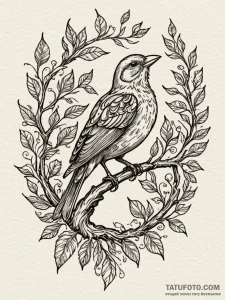 A whimsical bird on a branch singing, joyful,... - эскиз тату (№1751544642_0, 03.07.2025 12:10) — Tatufoto.com