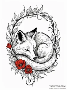 Sleeping fox curled up, its tail tipped in wh... - эскиз тату (№1751546340_0, 03.07.2025 12:39) — Tatufoto.com
