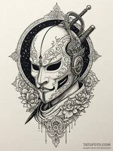 Kendo mask beneath spectral moon, tattoo draw... - эскиз тату (№1751546781_0, 03.07.2025 12:46) — Tatufoto.com