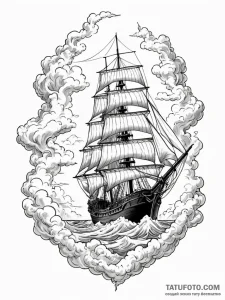Frigate ship sailing on a sea of clouds, arti... - эскиз тату (№1751546845_0, 03.07.2025 12:47) — Tatufoto.com