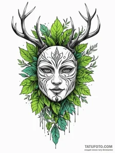 Forest spirit with a mask of bark and leaves,... - эскиз тату (№1751548144_0, 03.07.2025 13:09) — Tatufoto.com