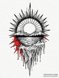 Ice blade reflecting crimson sun, ink illustr... - эскиз тату (№1751551312_0, 03.07.2025 14:01) — Tatufoto.com