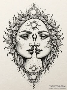 Embrace between the sun and moon, depicted as... - эскиз тату (№1751556466_0, 03.07.2025 15:27) — Tatufoto.com