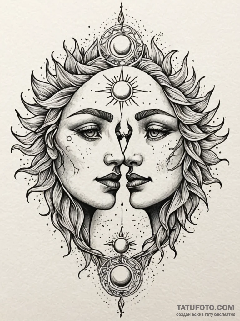 Embrace between the sun and moon, depicted as... - эскиз тату (№1751556466_0, 03.07.2025 15:27) — Tatufoto.com