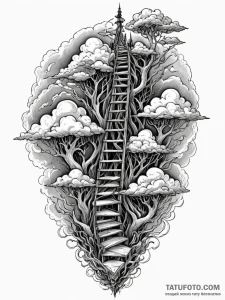 Bone ladder ascending into dark clouds, tatto... - эскиз тату (№1751556634_0, 03.07.2025 15:30) — Tatufoto.com