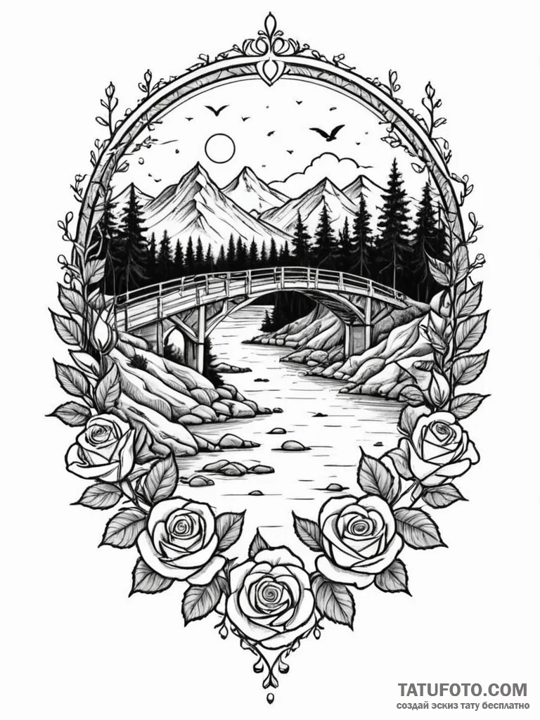A peaceful bridge over a calm river, nature l... - эскиз тату (№1751557305_0, 03.07.2025 15:41) — Tatufoto.com