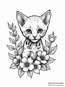 Kitten skeleton curled in bloom, tattoo line... - эскиз тату (№1751560117_0, 03.07.2025 16:28) — Tatufoto.com