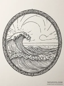 Sunset over waves, inside a circle, tattoo dr... - эскиз тату (№1751561102_0, 03.07.2025 16:45) — Tatufoto.com
