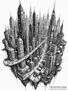 An aerial view of a sprawling futuristic city... - эскиз тату (№1751561617_0, 03.07.2025 16:53) — Tatufoto.com
