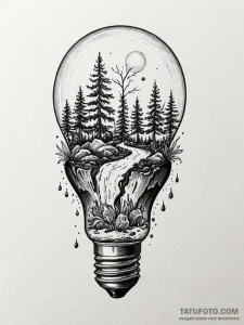 A lightbulb containing a tiny ecosystem, ink... - эскиз тату (№1751566211_0, 03.07.2025 18:10) — Tatufoto.com
