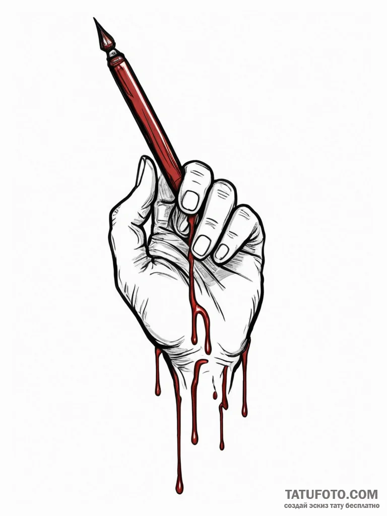 A hand writing with a quill that drips blood - эскиз тату (№1751567938_0, 03.07.2025 18:38) — Tatufoto.com