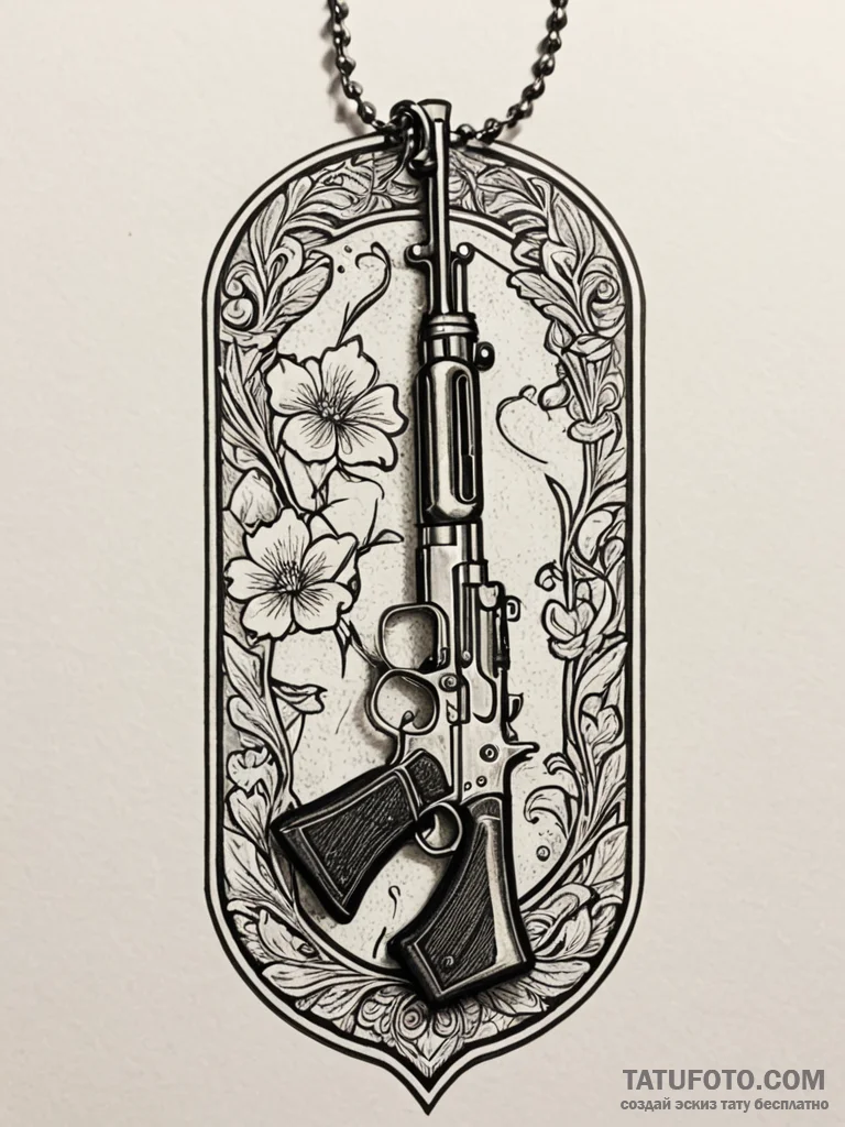Soldier's dog tags hanging from a rifle, tatt... - эскиз тату (№1751572605_0, 03.07.2025 19:56) — Tatufoto.com