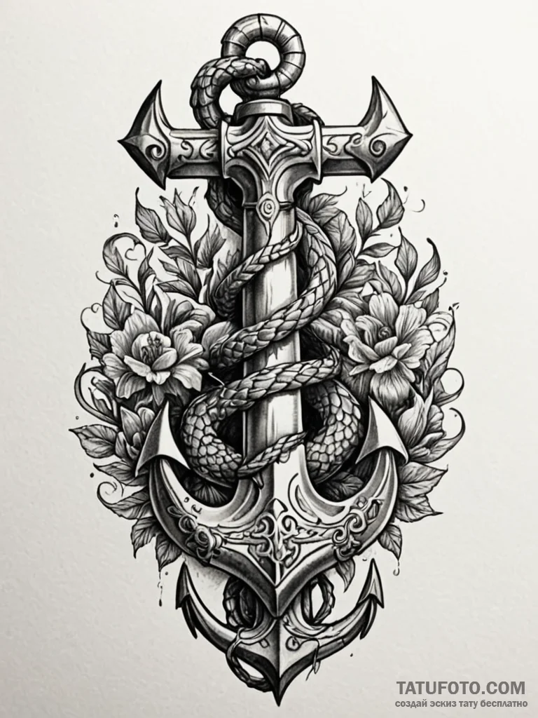 Angelic serpent coiled around anchor, artisti... - эскиз тату (№1751573379_0, 03.07.2025 20:09) — Tatufoto.com