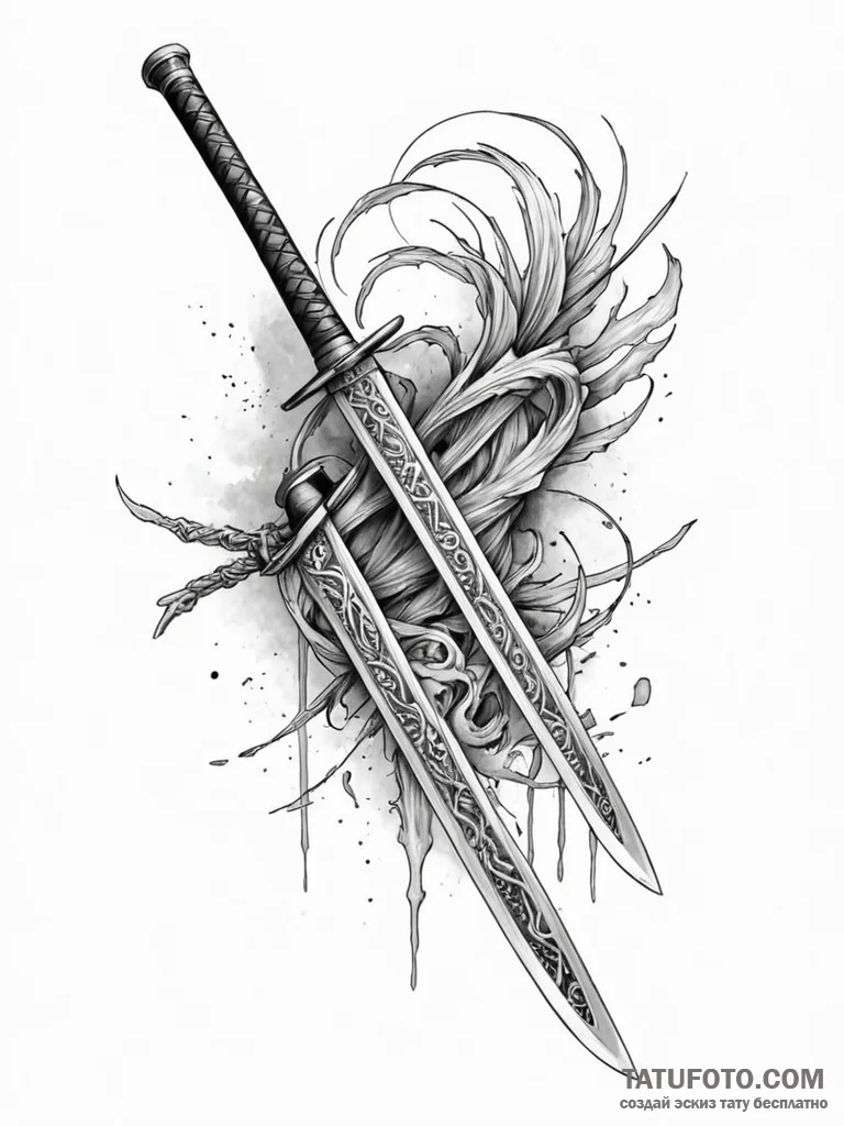 Katana blade shimmering with runes, tattoo li... - эскиз тату (№1751574240_0, 03.07.2025 20:24) — Tatufoto.com