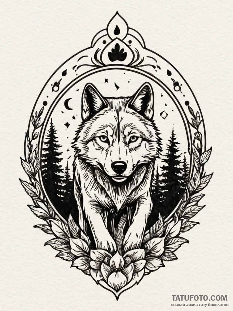 Paw print of a wolf, containing a forest scen… — эскиз тату (№1751575094_0, 03.07.2025 20:38) — Tatufoto.com