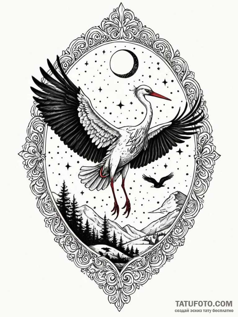 Stork delivering a baby swaddled in starlight... - эскиз тату (№1751575180_0, 03.07.2025 20:39) — Tatufoto.com