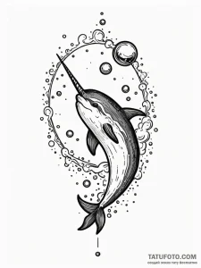 Narwhal's tusk piercing a bubble of reality,... - эскиз тату (№1751576128_0, 03.07.2025 20:55) — Tatufoto.com