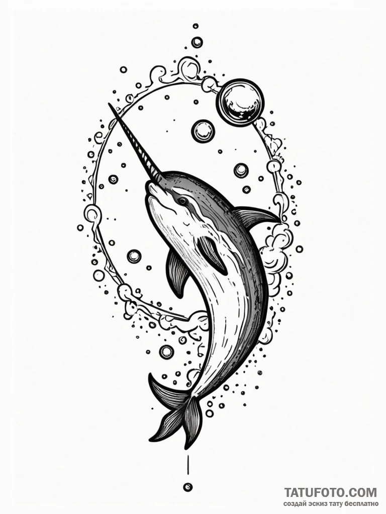 Narwhal's tusk piercing a bubble of reality,... - эскиз тату (№1751576128_0, 03.07.2025 20:55) — Tatufoto.com