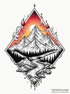 Mountain range beneath crimson sky, tattoo dr... - эскиз тату (№1751577241_0, 03.07.2025 21:14) — Tatufoto.com