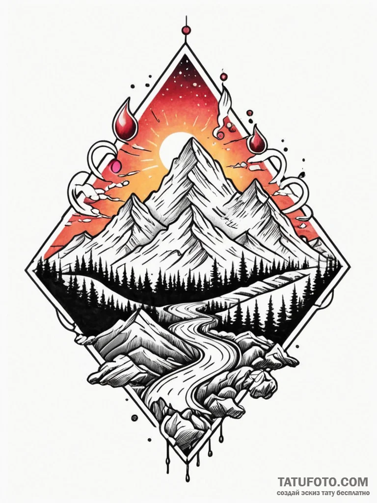 Mountain range beneath crimson sky, tattoo dr... - эскиз тату (№1751577241_0, 03.07.2025 21:14) — Tatufoto.com