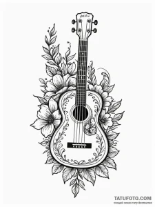Ukulele with flowers painted on its body, ink... - эскиз тату (№1751577497_0, 03.07.2025 21:18) — Tatufoto.com