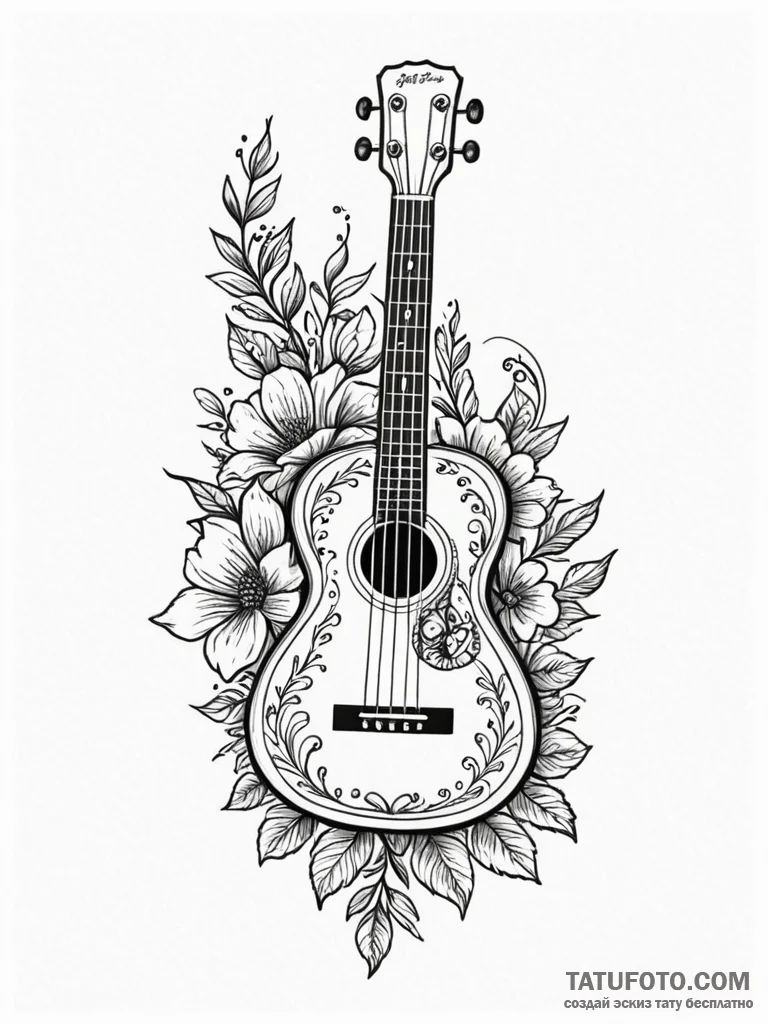 Ukulele with flowers painted on its body, ink... - эскиз тату (№1751577497_0, 03.07.2025 21:18) — Tatufoto.com