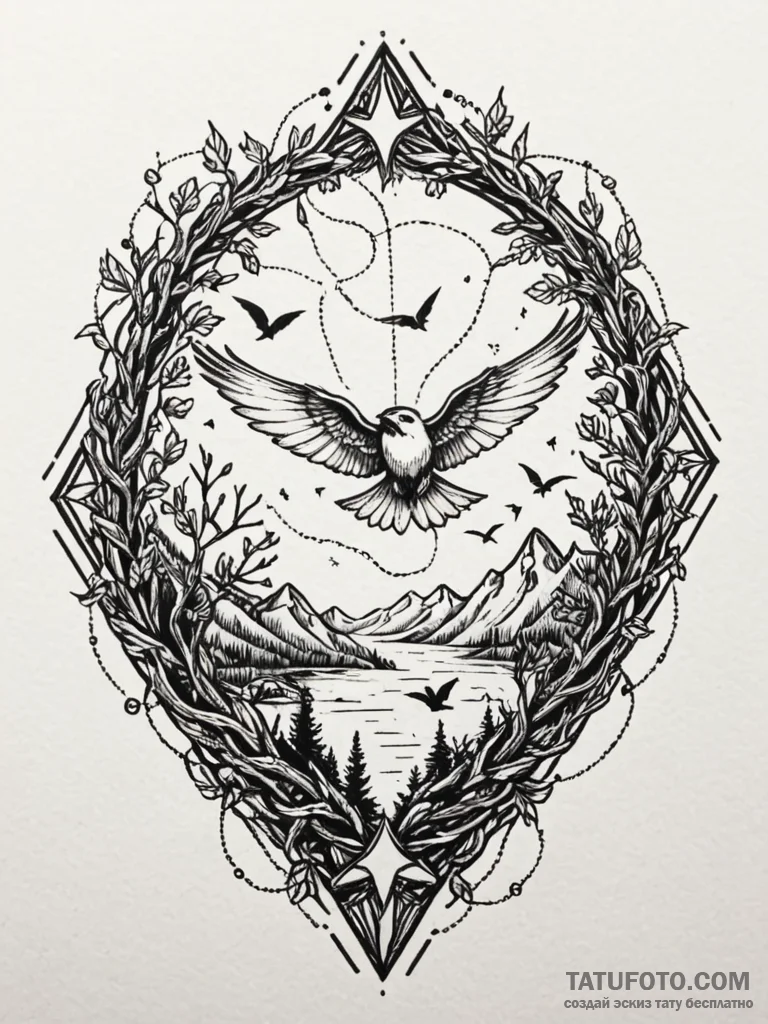 Kite trapped in thorned vines, artistic tatto... - эскиз тату (№1751577844_0, 03.07.2025 21:24) — Tatufoto.com